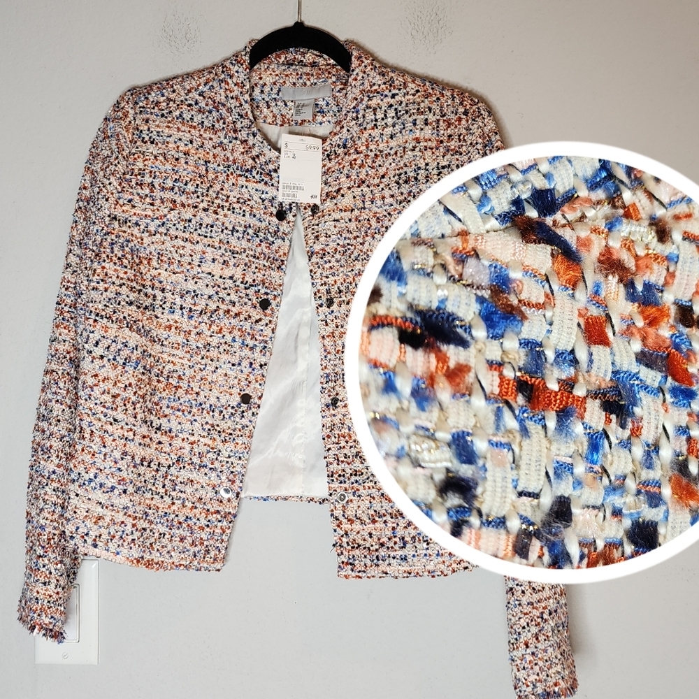 H&M Multicolor Tweed Cropped Blazer - Cream, Blue, Orange, Navy